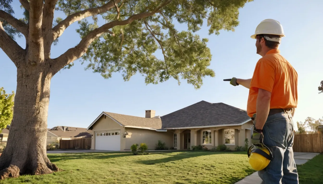 A tree provider in a hard hat looking up at a tall tree beside a stucco home in San Bernardino