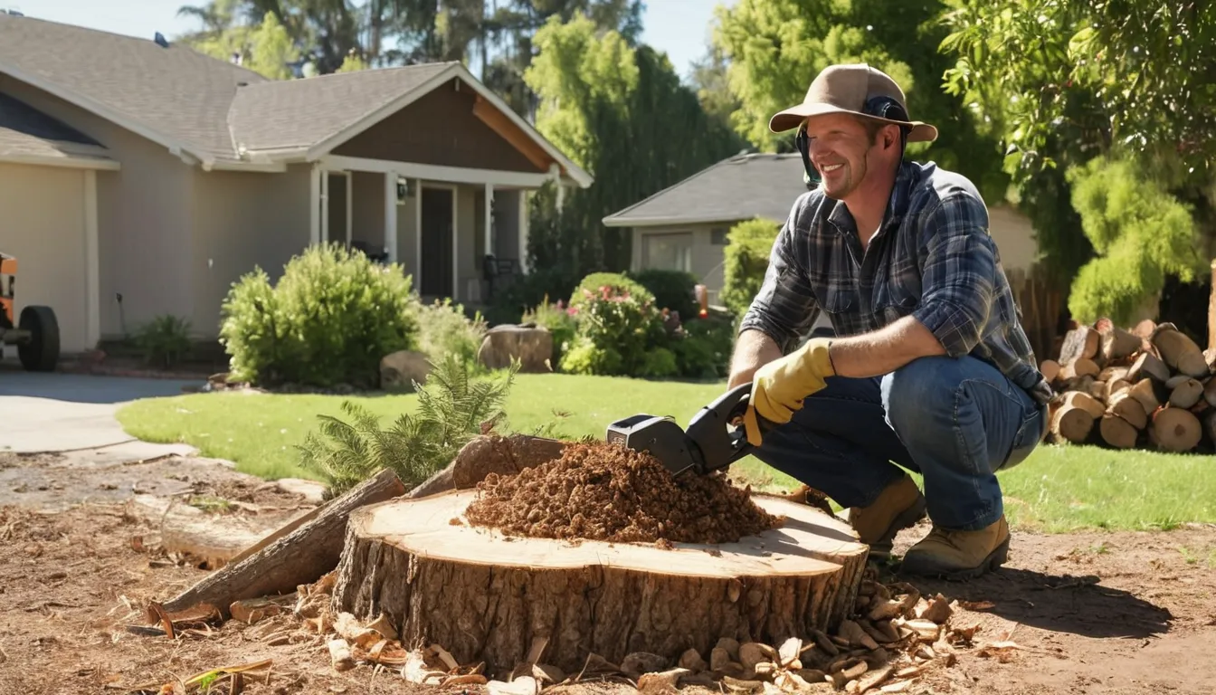 Provider grinding a tree stump in a residential backyard in San Bernardino